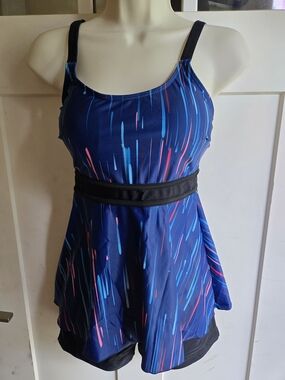 Navy Blue Abstract Stripe Swim Dress